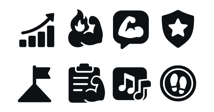 Solid style icons of fitness motivation: progress chart, workout streak icon, fitness quote bubble, challenge badge, goal milestone, workout plan, motivational playlist, daily step badge.