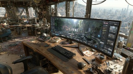 Cluttered Workspace with UltraWide Monitor Displaying PostApocalyptic Scene Ideal for Creati