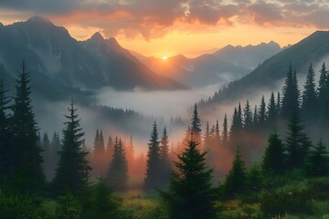 Obraz premium Majestic mountain range at dawn with misty valley and evergreen forests sunburst glows through cloudy sky