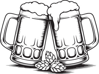 Two beer mugs toasting with hop cones, black and white vector art