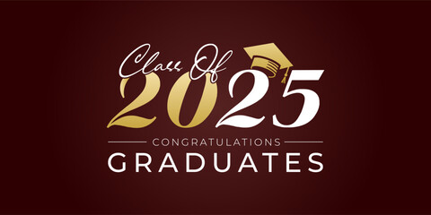 Class of 2025 graduation greetings in gold with college and high school graduation caps for t-shirts, flyers and greeting cards