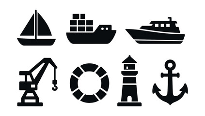 Solid style icons of maritime transport: sailboat, cargo ship, yacht icon, ferry deck, port crane, life buoy, lighthouse, anchor icon.