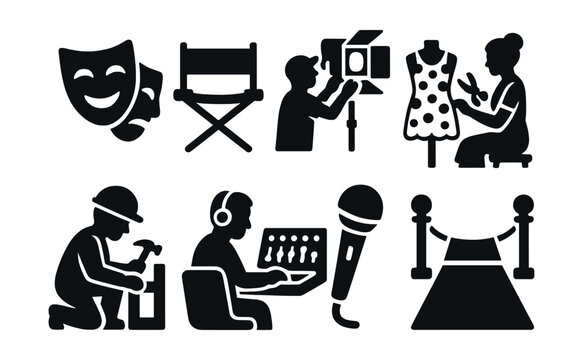 Solid style icons of entertainment industry jobs: actor mask, stage director chair, lighting technician, costume designer, set builder, sound engineer, TV host mic, red carpet icon.