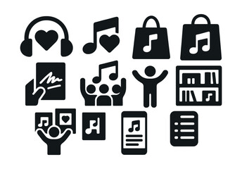 Solid style icons of music lovers and fans: heart over headphones, favorite track icon, fan merch bag, autograph page, standing ovation, music shelf, poster wall, playlist creator.