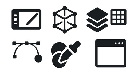 Solid style icons of digital art creation: drawing tablet, 3D model icon, layers icon, pixel grid, vector curve tool, blend mode icon, color picker, art software window.