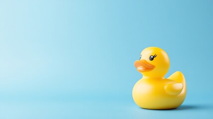 A bright yellow rubber duck sits alone on a blue background.