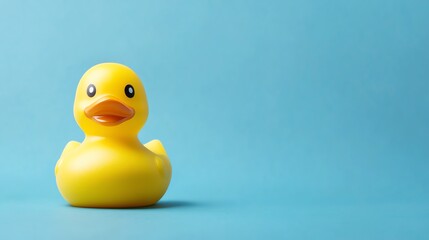 A bright yellow rubber duck sits prominently against a blue background.