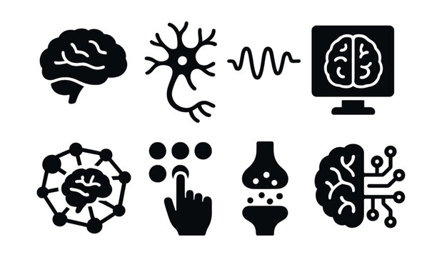 Solid style icons of neuroscience: brain icon, neuron cell, brainwave pattern, scan image, cognitive map, reaction time test, neurotransmitter chart, brain and tech.