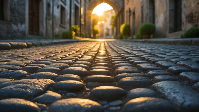 Morning sunlight gleams on a cobblestone street in this video.