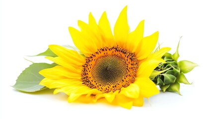 Obraz premium A vibrant, isolated sunflower with bright yellow petals dominates the image.