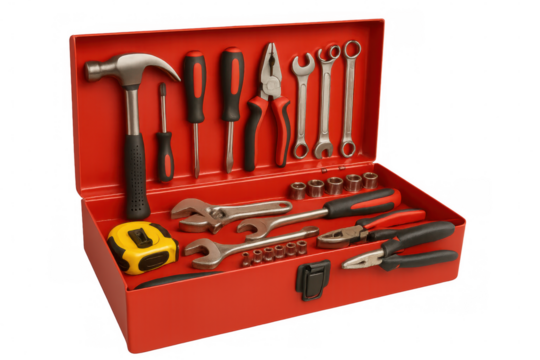 Red metal toolbox open showing hand tools, wrenches, hammer, pliers, screwdriver, and tape measure, isolated on transparent background