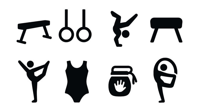 Solid style icons of gymnastics and movement: balance beam, rings icon, tumbling pose, vault horse, floor routine, gym leotard, chalk bag, flexible motion.