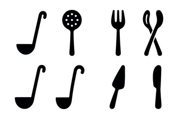 Solid style icons of serving tools: ladle, slotted spoon, serving fork, salad tongs, cake server, soup ladle, gravy spoon, butter spreader.