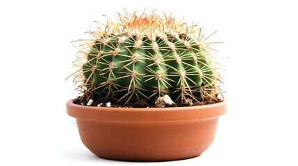 A single, vibrant cactus sits alone in a terracotta pot.