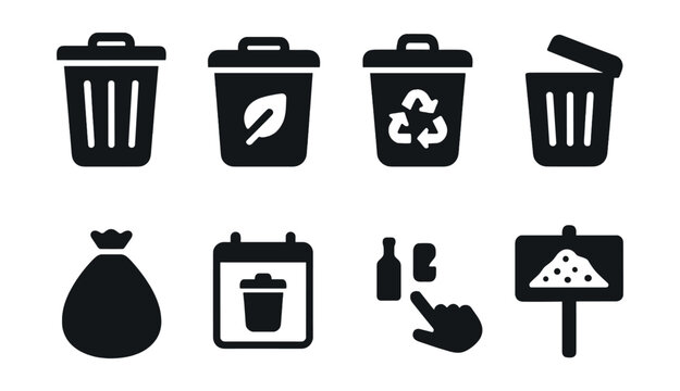 Solid style icons of waste management: trash bin, compost bin, recycling bin, bin with lid, waste bag, garbage schedule, sort waste icon, landfill sign.