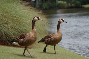 Obraz premium A pair of Hawaiian geese, known as nene, gracefully stroll along the lush green shore of a tranquil lake, displaying their unique plumage and elegant posture.