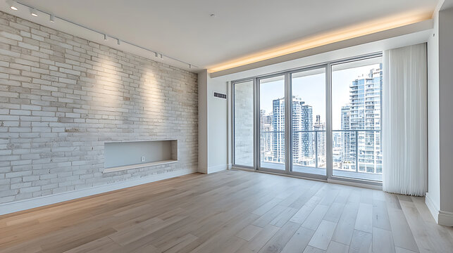 Bright condo interior with whitewashed brick wall and city views through large windows