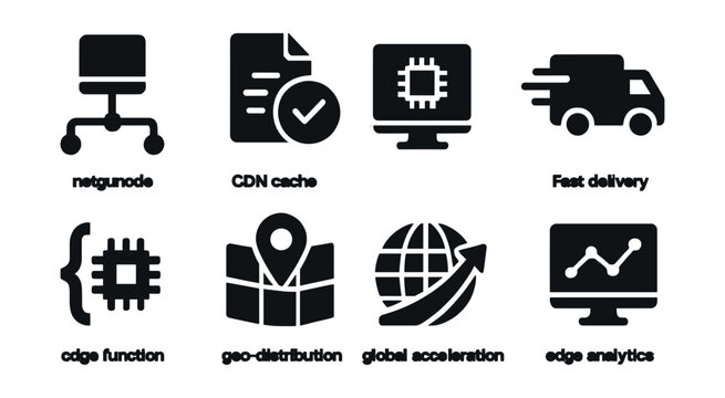 Solid style icons of edge and CDN services: edge node, CDN cache hit, local compute icon, fast delivery, edge function, geo-distribution, global acceleration, edge analytics.