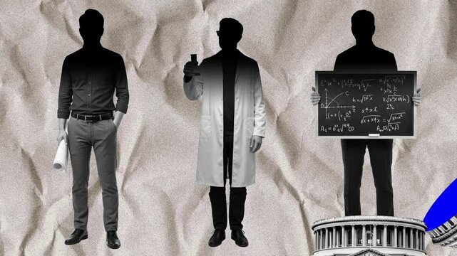 Symbolic animation showing government preference for STEM careers. Visual metaphor where engineers, scientists, and mathematicians are labeled as success, while an artist is stamped as failure.