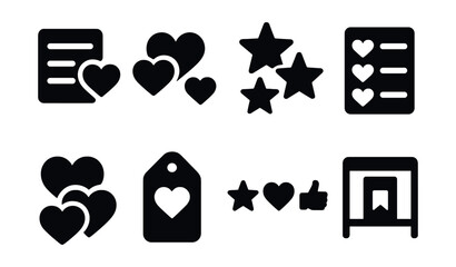 Solid style icons of favorite lists and groups: favorite list icon, heart collection, multi-star group, list with hearts, grouped favorites, tag with heart, favorite set icon, bookmark shelf.