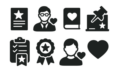 Solid style icons of favorite lists and groups: favorite list icon, heart collection, multi-star group, list with hearts, grouped favorites, tag with heart, favorite set icon, bookmark shelf.