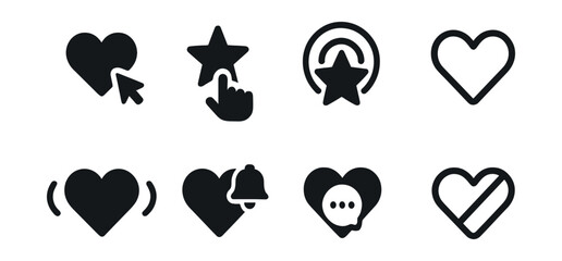 Solid style icons of favorite interaction states: hover heart, tapping star, star with ripple, loading favorite icon, favorite disabled icon, active pulse heart, alert on favorite, feedback heart