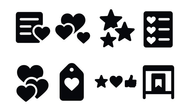 Solid style icons of favorite lists and groups: favorite list icon, heart collection, multi-star group, list with hearts, grouped favorites, tag with heart, favorite set icon, bookmark shelf.