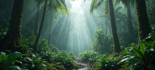 Lush dense tropical rainforest enveloped in a mysterious mist, showcasing deep green foliage and...