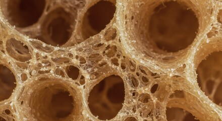 Close-up of a porous, sponge-like structure with interconnecting strands and cavities, showcasing intricate natural design and texture.