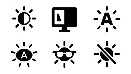 Solid style icons of contrast and clarity in brightness: sun with contrast icon, clear screen icon, bright text icon, icon with enhanced visibility, sun with glasses, anti-glare mode, readability