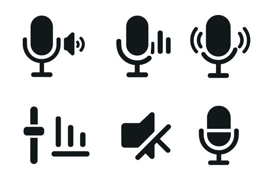 Solid style icons of voice and microphone control: mic with volume icon, voice input volume, mute mic button, sound wave from mic, input gain symbol, recording level icon, talkback off, mic toggle.