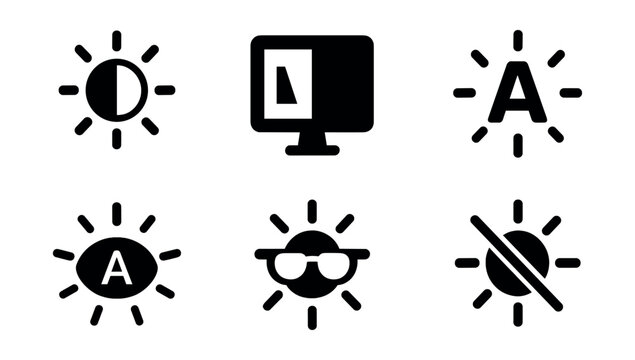 Solid style icons of contrast and clarity in brightness: sun with contrast icon, clear screen icon, bright text icon, icon with enhanced visibility, sun with glasses, anti-glare mode, readability