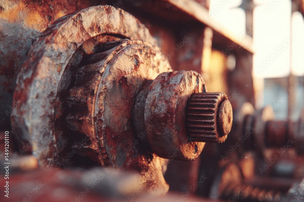 Poster close-up of heavily rusted gears, representing industrial decay and engineering failure, suitable fo