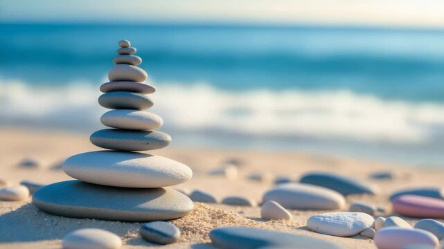 Pyramid stack of flat pebbles showcasing color palette swatches on sand with a blurred background. Colorful nature-inspired pastel trends.