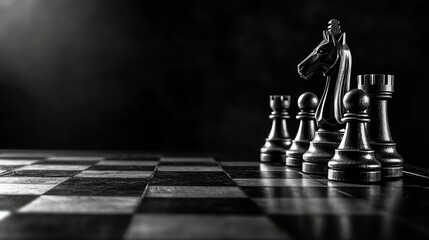 A black and white chessboard with pieces is displayed against a dark background.