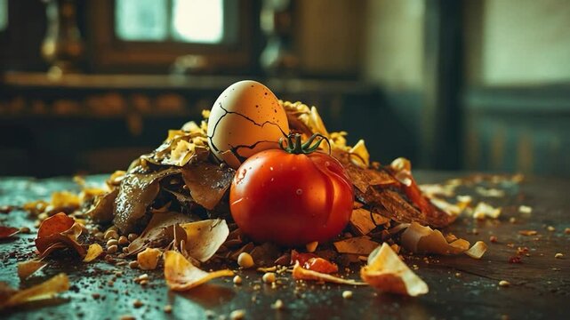 A stack of discarded food including a spoiled egg and an eaten tomato.