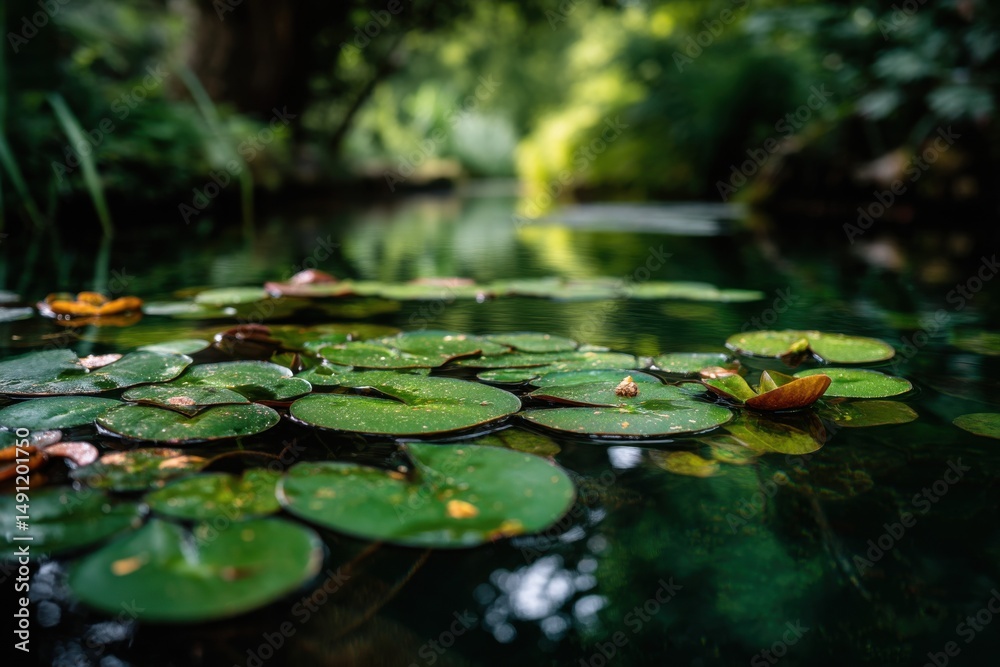 Aufkleber Lily Pads Floating on a Calm Pond Surface, Symbolizing Tranquility and Environmental Awareness for Nature Conservation Projects, and Serene Retreats : Generative AI