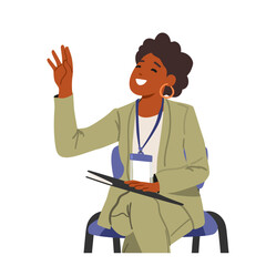 Elegant businesswoman cartoon character gesturing with raised hand asking question isolated on white