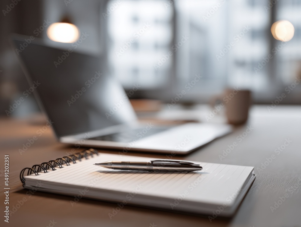 Aufkleber laptop and notepad on desk in modern office, representing productivity and business planning for pro