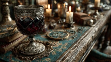 Fototapeta premium Antique Goblet on Rustic Table with Candles and Books Vintage Decor for Historical Fantasy o