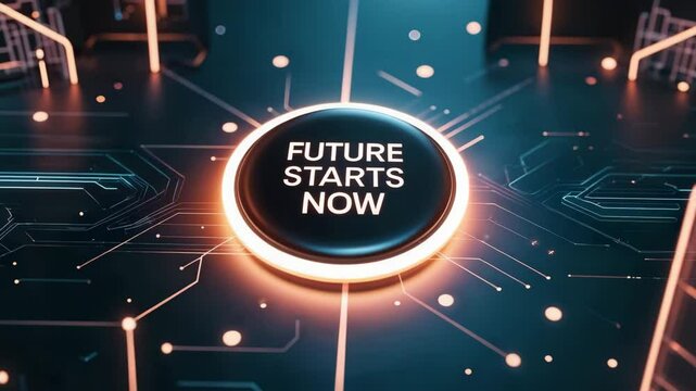 "Future Starts Now" button on a digital circuit board background, glowing edges highlighting innovation