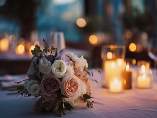 Obraz premium Elegant Floral Centerpiece and Candlelight on Table, Symbolizing Romance and Celebration for Wedding Planning and Anniversary Events : Generative AI