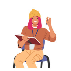 Young hipster woman cartoon character raising hand preparing question to ask isolated on white