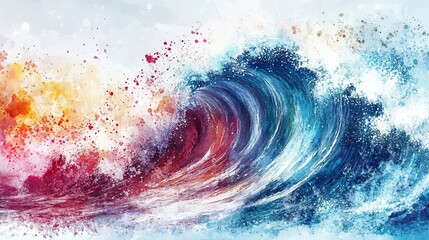 Fototapeta premium Abstract Ocean Wave Watercolor Painting Blue Red Orange Splash art sea fluid style image brush 