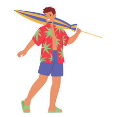 Young man tourist cartoon character wearing beach clothing holding touristic accessory for rest