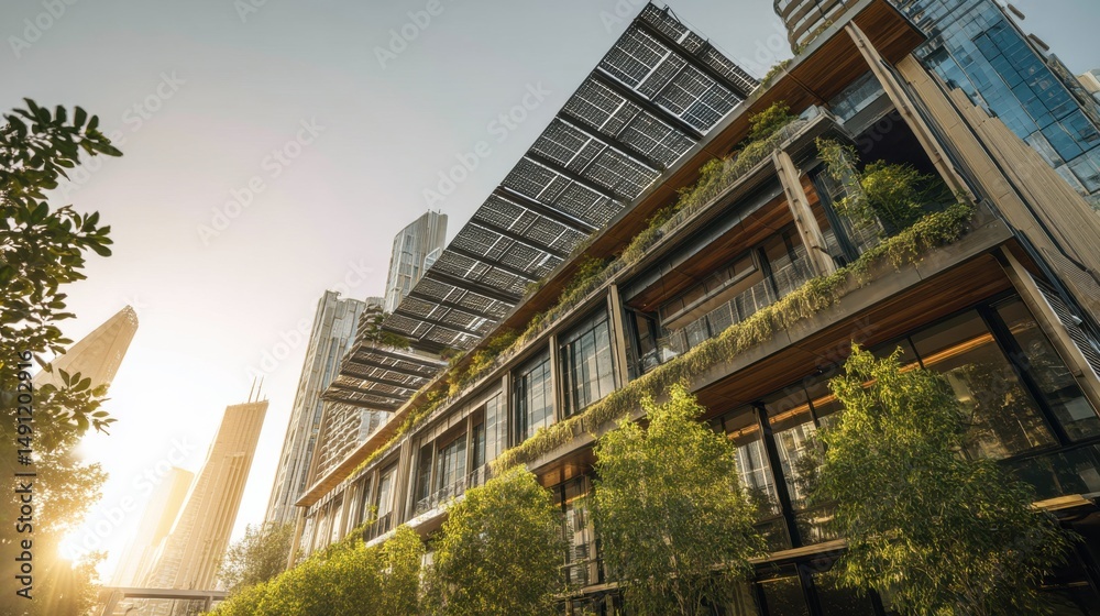 Poster modern green building with solar panels in urban setting, showcasing sustainable architecture and en