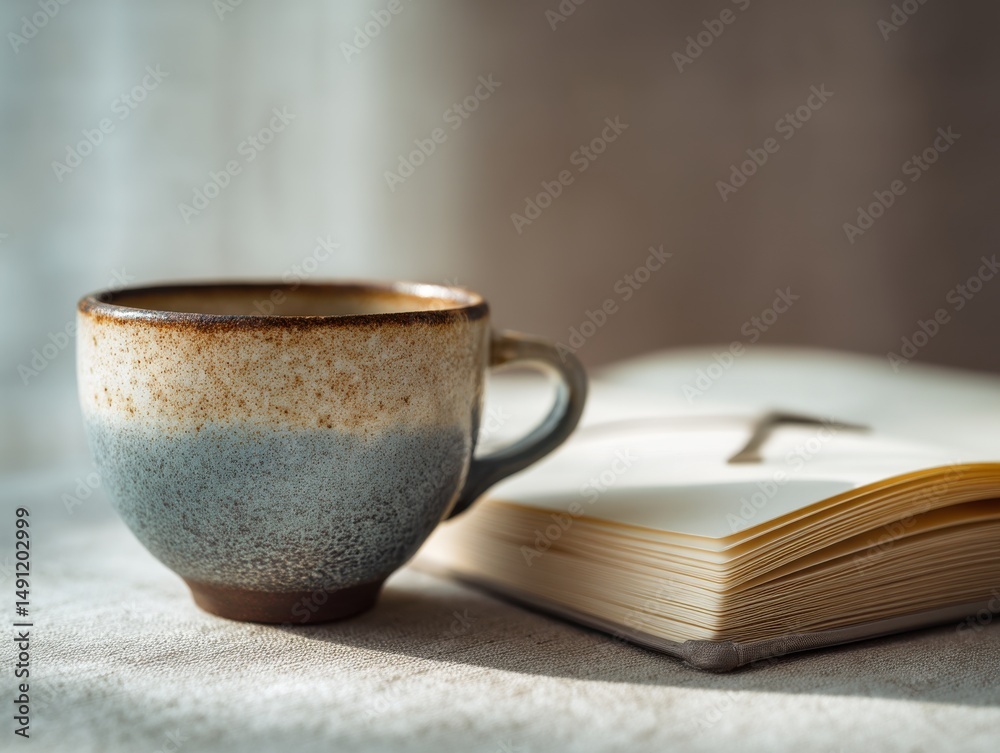 Poster ceramic coffee cup and open book on table in morning light, representing relaxation and personal dev