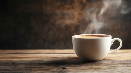 Obraz premium A steaming coffee cup sits on a wooden table with a blurred background.