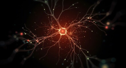 Neuron Cell Illustration with Glowing Synapses on Dark Background