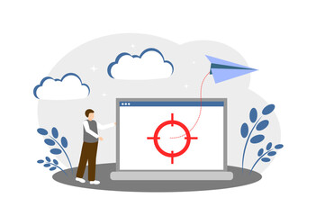 A man sends an email. Electronic letter, laptop, correspondence, message, paper airplane